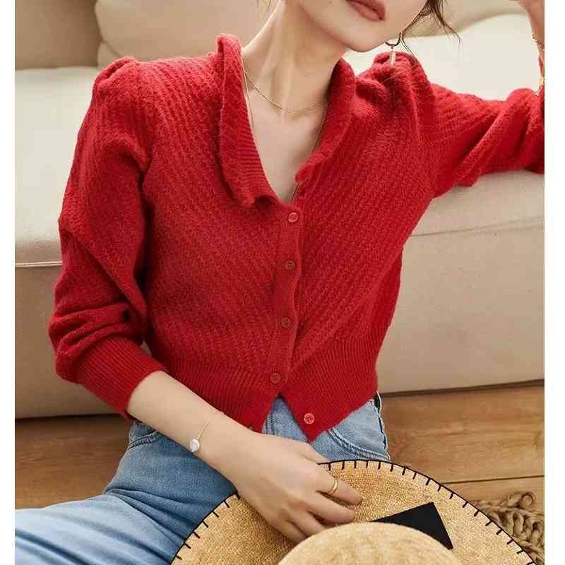 WOMENGAGA Autumn Winter Women Collared Textured Stitch Tops Knit Cardigan With Ribbed Cuffs Sweater SUYP 210603