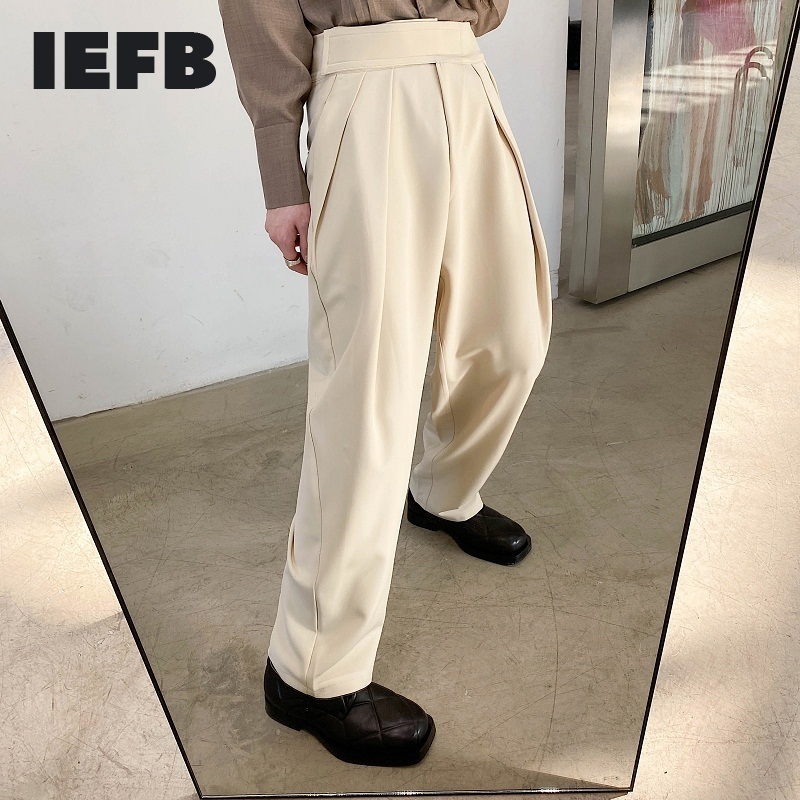 IEFB / Korean style adjustable high waist wide leg pants men casual loose wide leg pants for men trousers fold front 9Y4217 210524