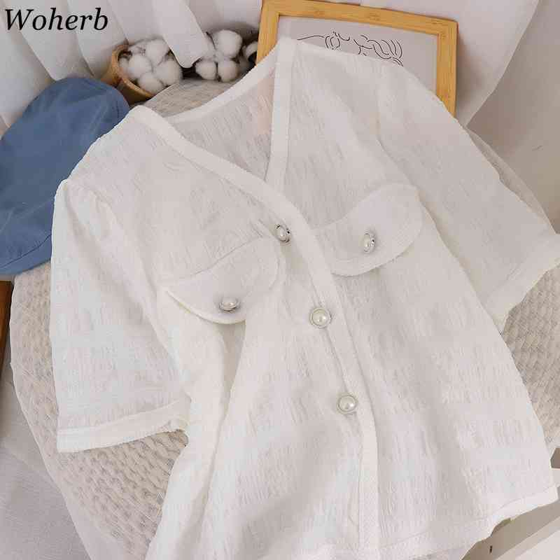Summer Thin Blouse Women Shirts V Neck Short Loose Cardigan Tops Vintage Korean Chic Single Breasted Blusas Mujer 210519