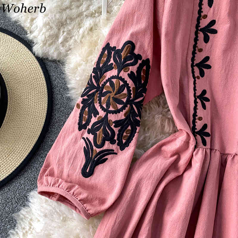 Vintage Vestidos Floral Embroidery Beach Style Lantern Sleeve Summer Dresses A-line High Waist Woman Dress Korean Chic 210519