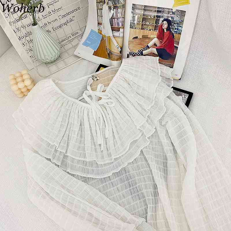 Ruffles Women Blouse Peter Pan Collar Vintage Long Sleeve Solid Korean Blusas Mujer Summer Loose Shirts Elegant Tops 210519