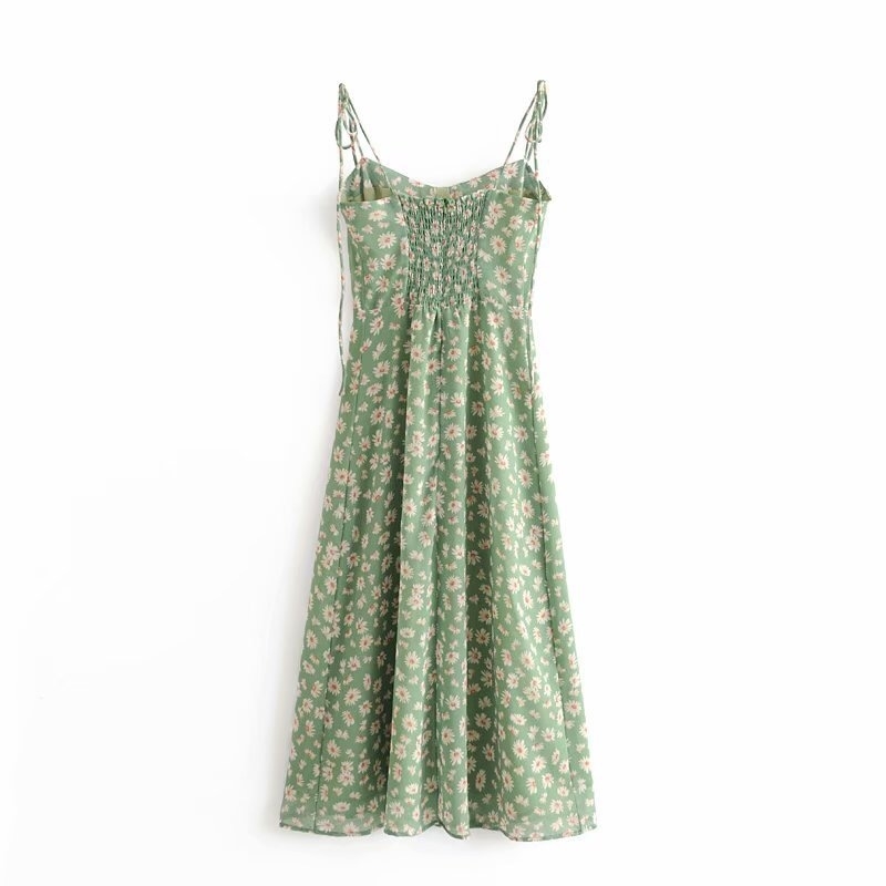 French Summer Green Flower Print Bandage Spaghetti Strap Slit Long Dress Retro Sexy Women Lacing Up Sling Dresses Vestido 210429