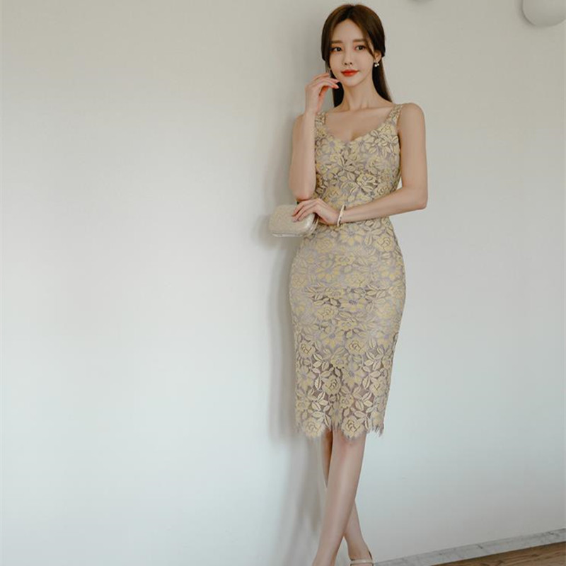Summer Lace Dress Women OL Elegant Slim Sleeveless V-neck Sexy Office Lady Package Hip Patry Dresses Vestidos 210421