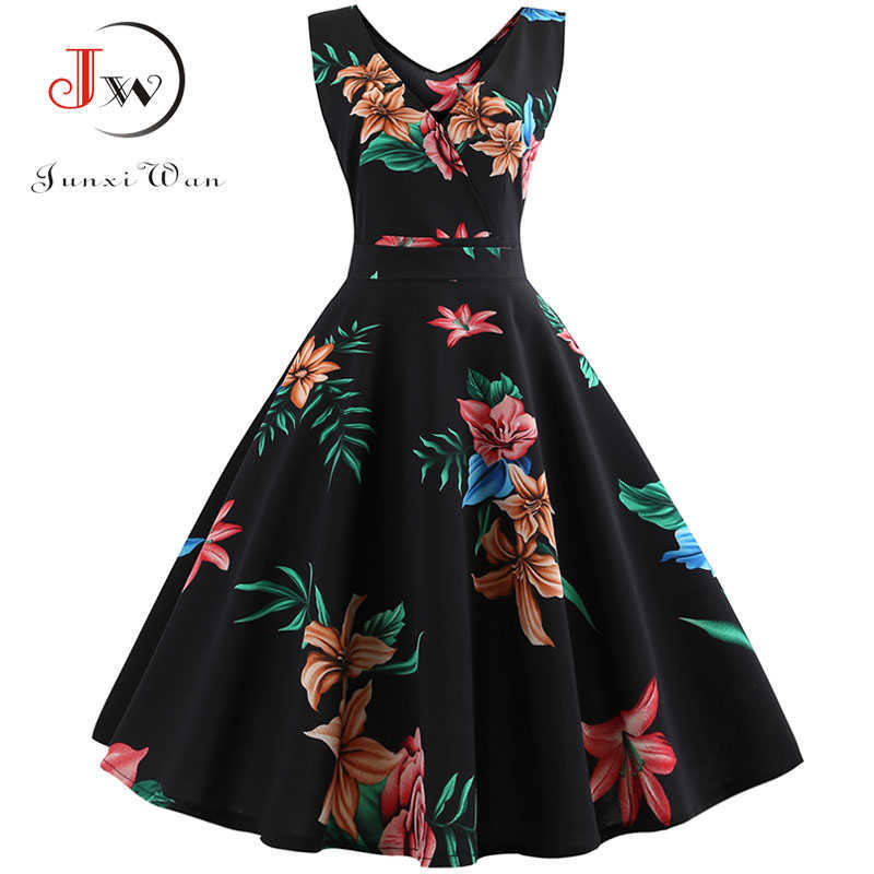 Summer Women Dress Elegant Vintage Floral Tunic Sundress Sexy V Neck Work Office Party Dresses Plus Size Midi Robe Pin Up 210623