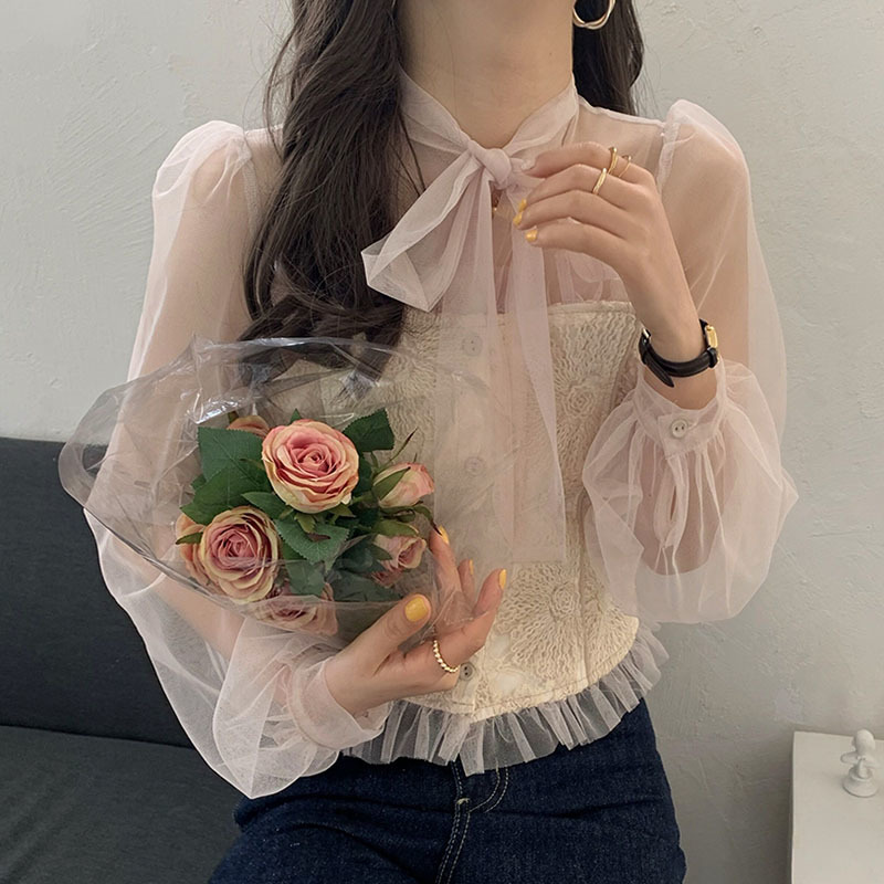 Nomikuma Perspective Mesh Lace Patchwork Women Blouse Long Sleeve Bow Tie Collar Slim Elegant Blusas Femme Korean Shirt 6E091 210427