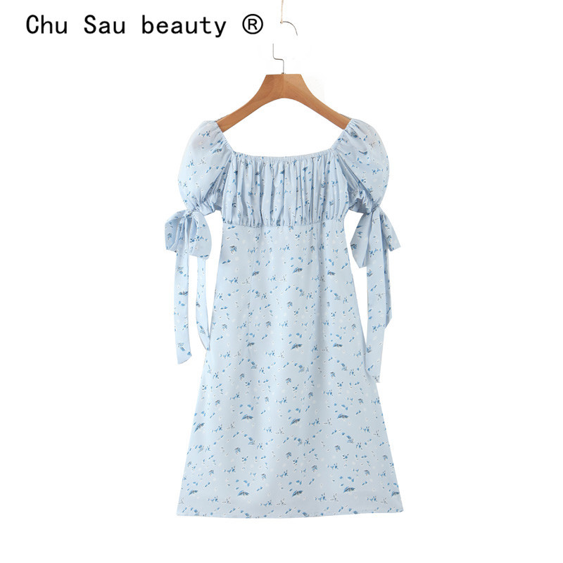 beauty Women Summer Dress Tight Sexy Party Square Collar Bow Puff Sleeve Mini 210514