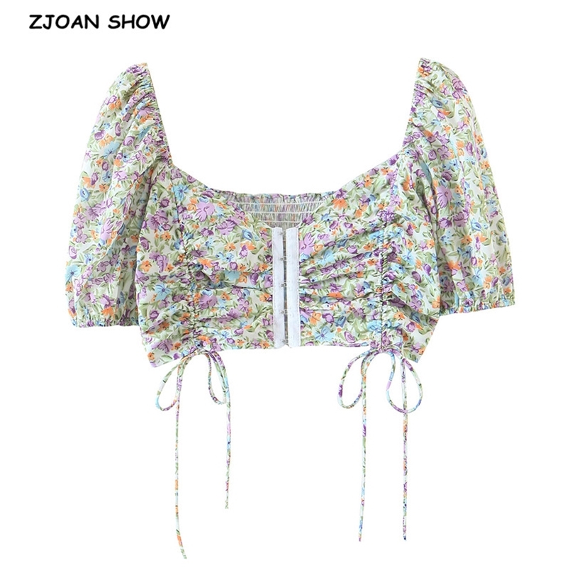Sexy Pleated Ruched Adjust Lacing up Hook button Floral Tank Tops Women Summer Short Sleeve Square collar Crop Top Tees 210429