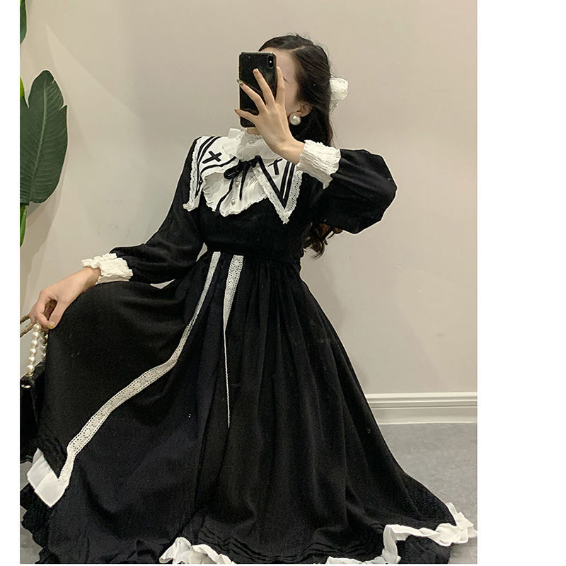 Japanese Lolita Dress Women Gothic Kawaii Midi Long Female Lace-Up Ruffles Vintage Sweet Korean 210519