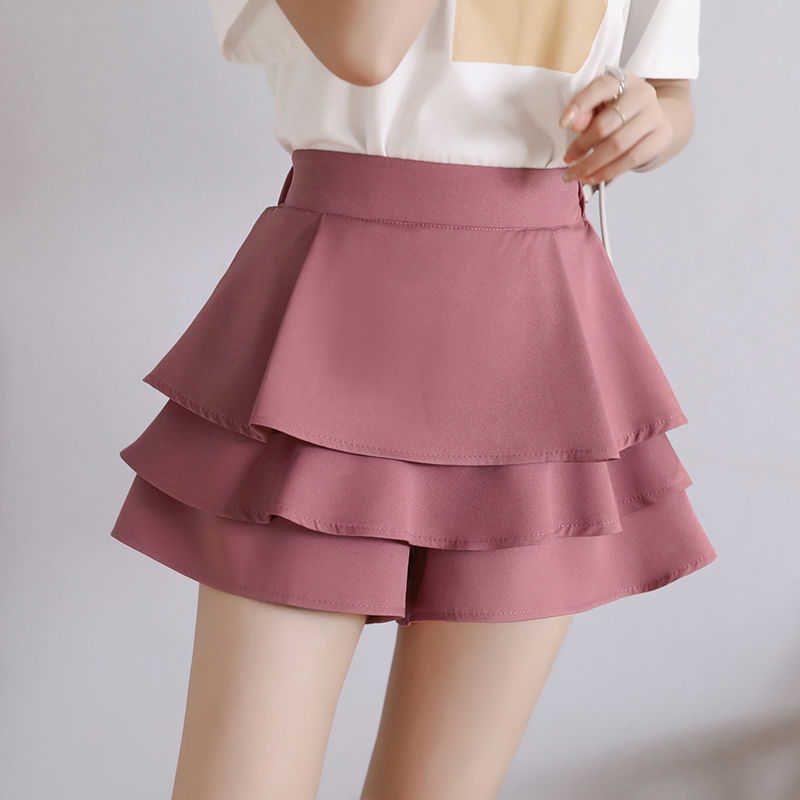 Women Korean Short Ruffled Elastic Waist A- Line Shorts Skirts Lady Solid Color Sexy Fashion S-2XL P347 210714