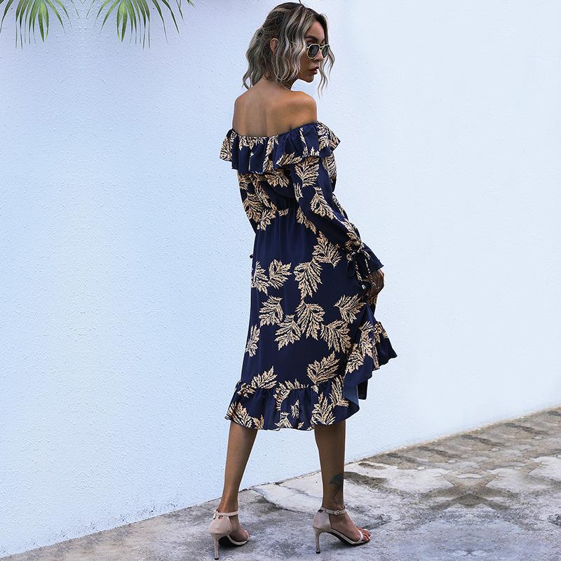 Sexy Women's Party Dress 2021 Ruffle Printed Buttons Elegant Long Sleeve For Prom Night Dresses Ladies Clothes Casual