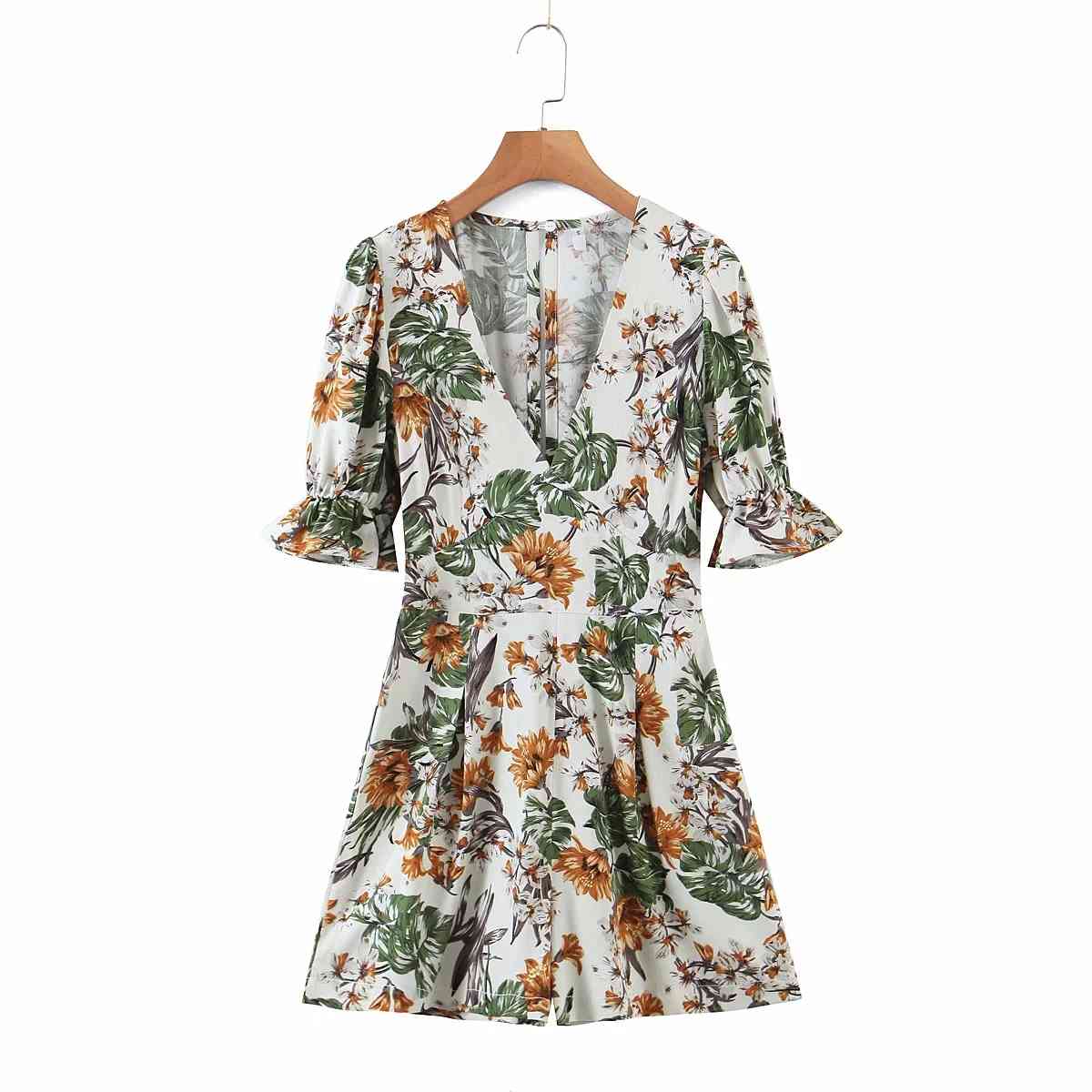 Foridol Deep V Neck Chiffon Romper Overall Puff Sleeve Wide Leg Summer Boho Playsuits Floral Print Green Short Jumpsuits 210415