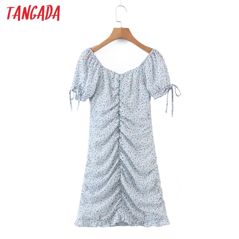 Summer Women Blue Floral Chiffon Bow Short Sleeve Ladies Mini Dress Vestidos DZ13 210416
