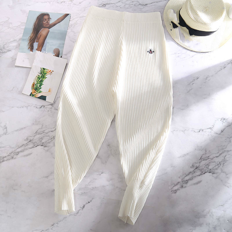 Nomikuma Causal Knitted Ankle Pants Korean Cartoon Embroidery Women Trousers Autumn Winter High Waist Sweater Pants 6C722 210427