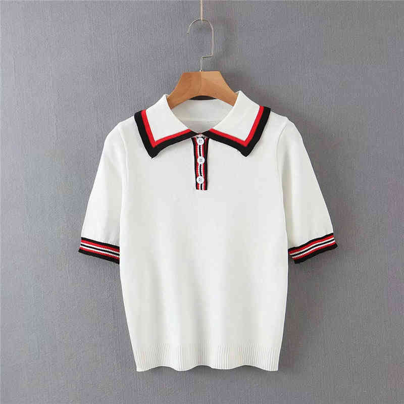 Women Casual Striped White Knitted Tshirt Spring-Summer Short Sleeve Turn-Down Collar Tops Fashion T-shirts 210421