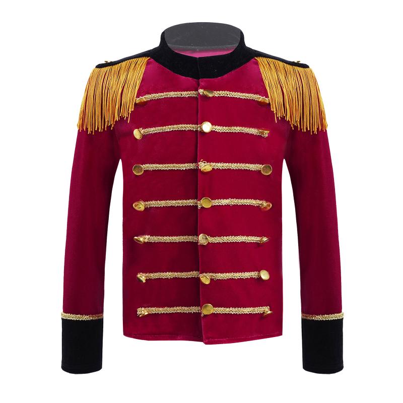 

Jackets 4-16 Red Kids Boys Circus Costume Velvet Long Sleeves Coat Gold Braid Tassels Drum Trumpet Team Honor Guard Performance Uniform