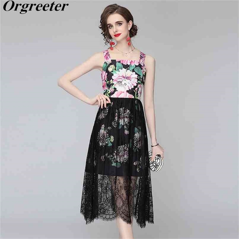 Fashion Design Summer Women's Spaghetti Strap Dress High waist Floral Print Black Lace Splice Mid Vacation Robe Femme 210602
Fashion Design Summer Women's Spaghetti Strap Dress High waist Floral Print Black Lace Splice Mid Vacation Robe Femme 210602