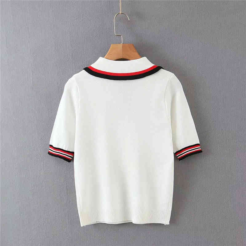 Women Casual Striped White Knitted Tshirt Spring-Summer Short Sleeve Turn-Down Collar Tops Fashion T-shirts 210421
