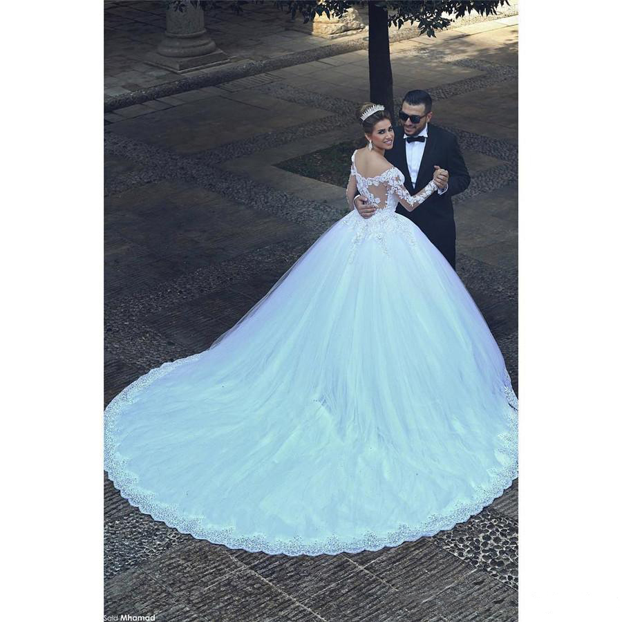 Long Sleeves Saidmhamad Lace Applique Crystals Ball Gown Wedding Dresses Chapel Train Amazing New Bridal Gowns s