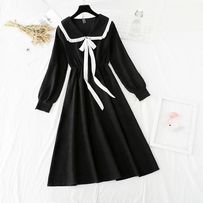 Spring Summer Casual Long Sleeve Corduroy Dress Fashion Doll collar Solid Slim Vintage Dress Elegant Party Vestidos 210521
