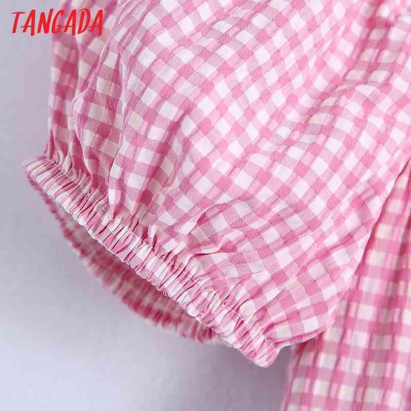 Summer Women Pink Plaid Beach Square Neck Short Sleeve Ladies Mini Dress Vestidos BE600 210416
