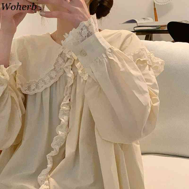 Ruffles Korean Blusas Solid Peter Pan Collar Elegant Vintage Lantern Sleeve Ropa Mujer Fashion Blouses Women Top 210519