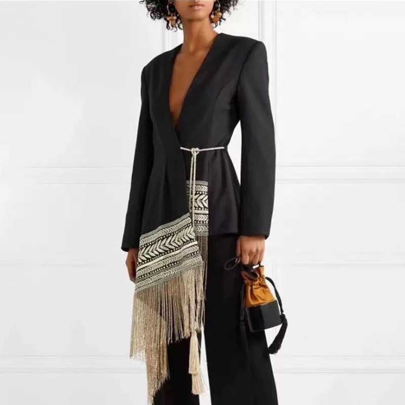 Summer And Aummer Ladies Long Coat Asymmetric Embroidered Tassel Jacket Office Work Outerwear 210525