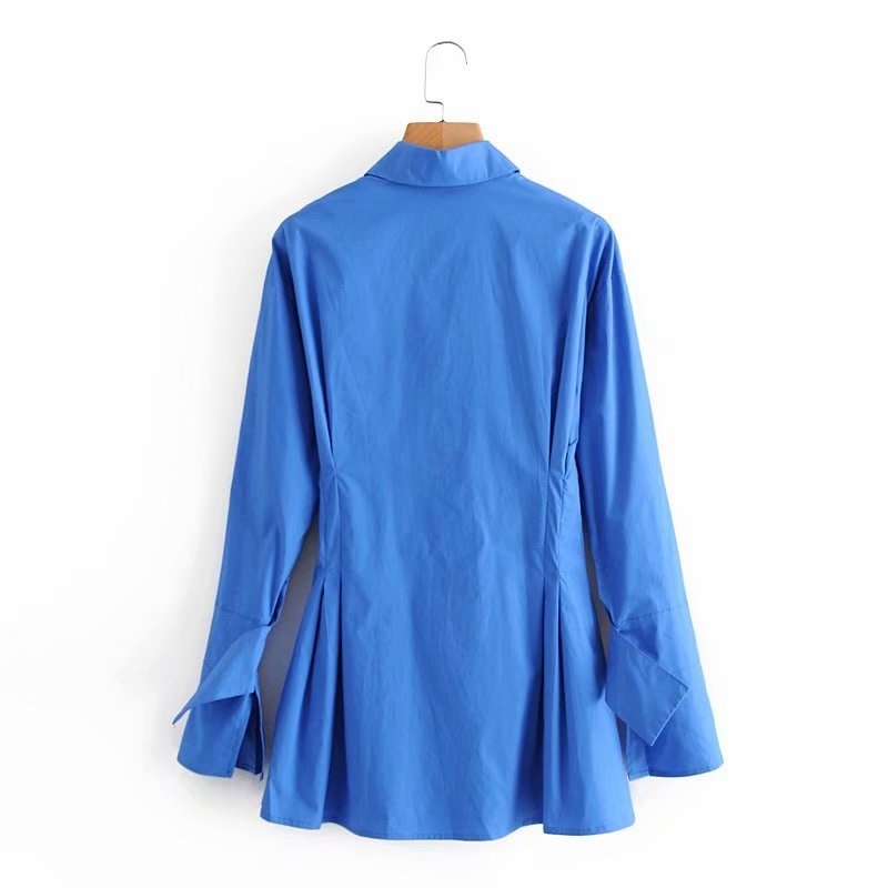 Streetwear Women Blue Pocket Dresses Fashion Ladies Waist-Controlled Mini Vestidos Causal Female Chic Pleated Dress 210430