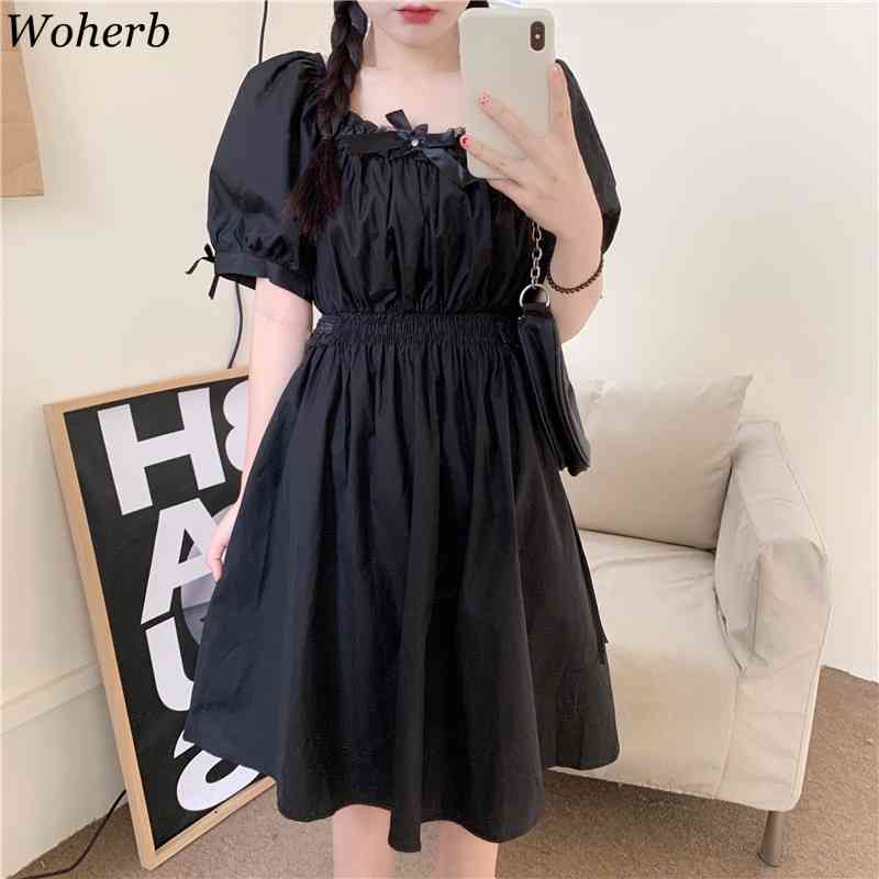 Kawaii White Black Dress Chic Korean Summer Women Mid-length Dresses Lace-up Slim Waist Elegant A-line Vestidos Femme 210519