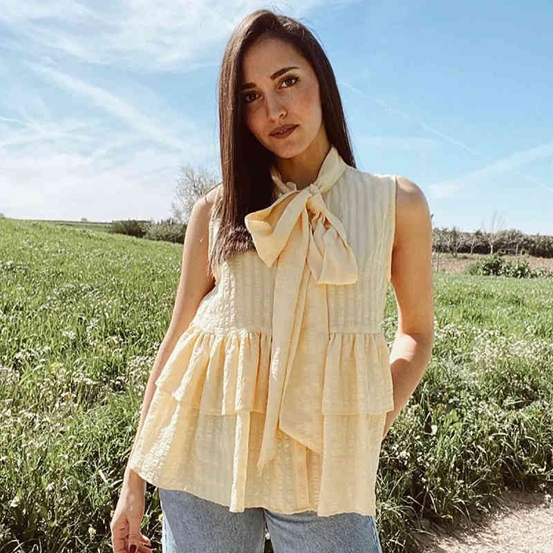 Foridol sleeveless bowknot ruffle blouse shirt women summer autumn yellow ladies elegant blouse tops chic blusa feminias 210415