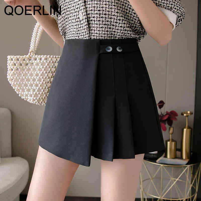 Summer Shorts Skirt Women Pleated Skirts Wide Leg Aline Shorts Students Elegant Irregular Shorts Skirts Mujer Black Skirts 210412