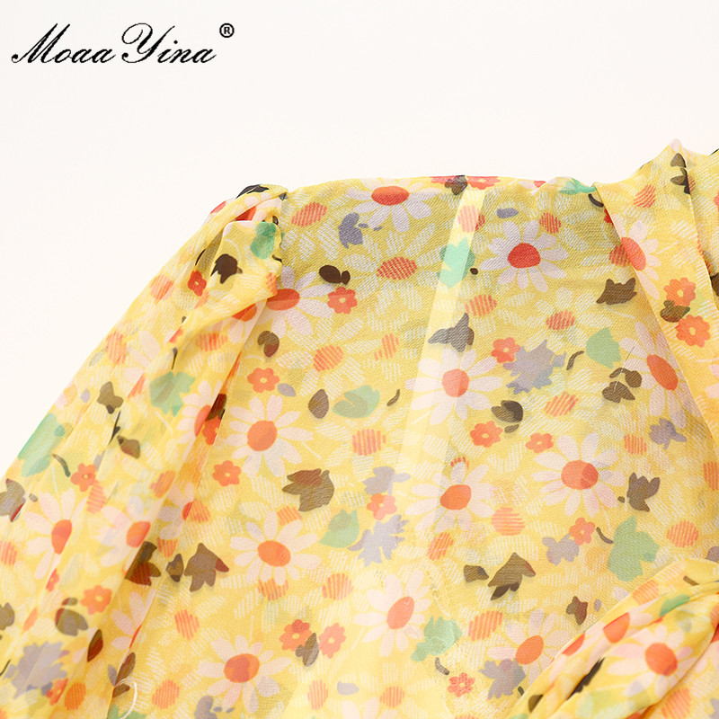 Bohemian Women's Summer Long Vacation Dress Bow tie Lantern Sleeve Floral print Chiffon Elegant Party 210524