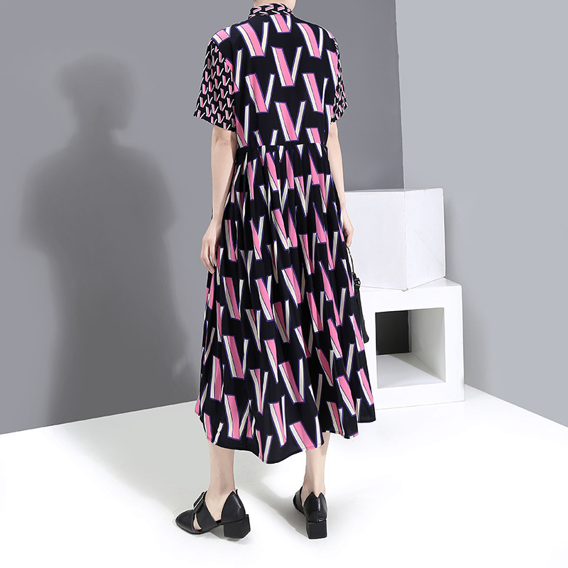 VKBN Spring and Summer Dress Women Office Lady Geometric Pattern Printing Turn-down Collar Dress Elegant 210507