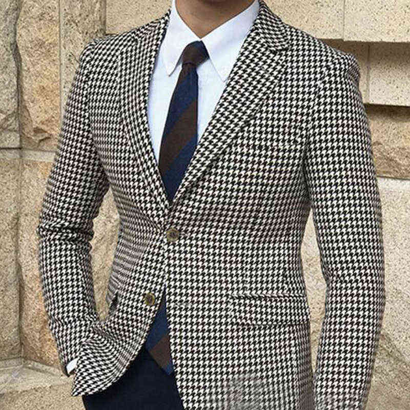 Houndstooth Plaid Casual Blazer for Men Suit Jacket with 2 Side Slit Slim Fit Male Coat Fashion Clothes Arrival 211111