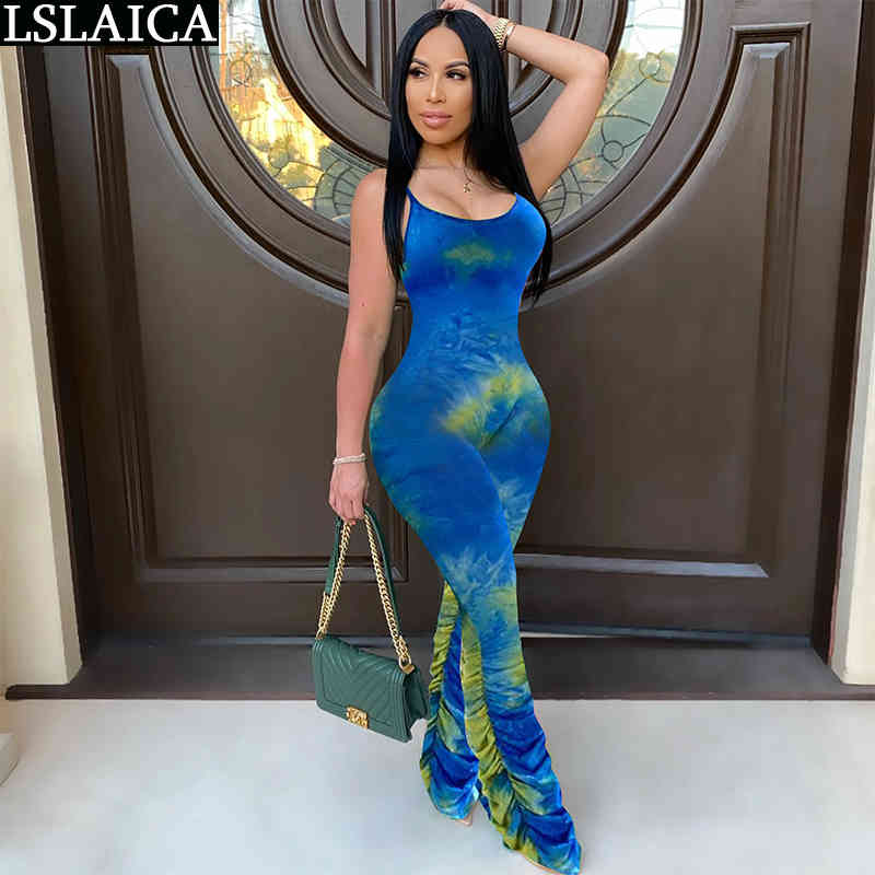 Jumpsuit Spaghetti Strap Tie Dye Slim Casual Bodysuit Streetwear 2XL Party Plus Size Women Summer Fashion Rompers 210520