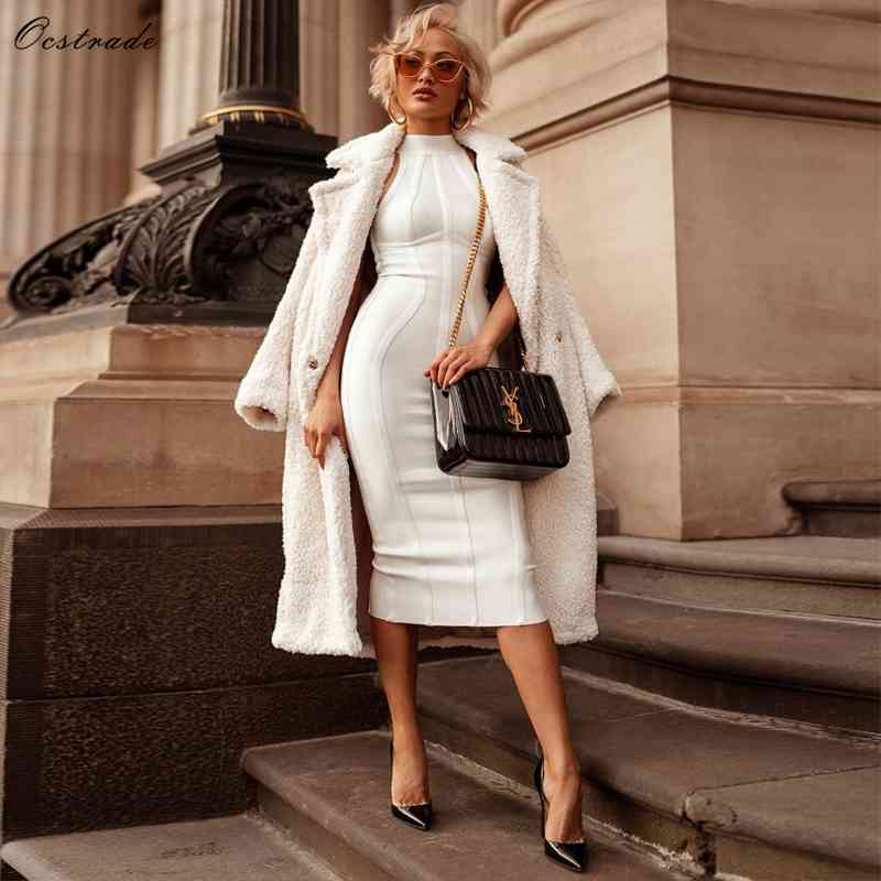 Ocstrade Sexy Women White Bandage Dress New Arrivals Striped Halter Midi Bodycon Dress High Quality Bandage Rayon Dress 210331