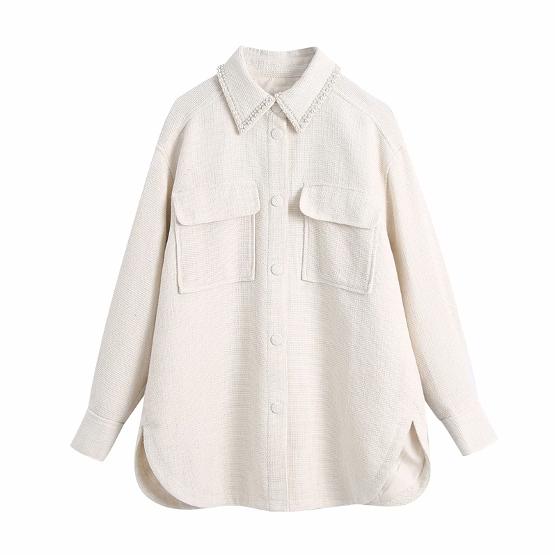 Elegant Women Beige Woolen Coats Fashion Ladies Turn Down Collar Pocket Outerwear Sweet Female Chic Pearl Jackets 210430