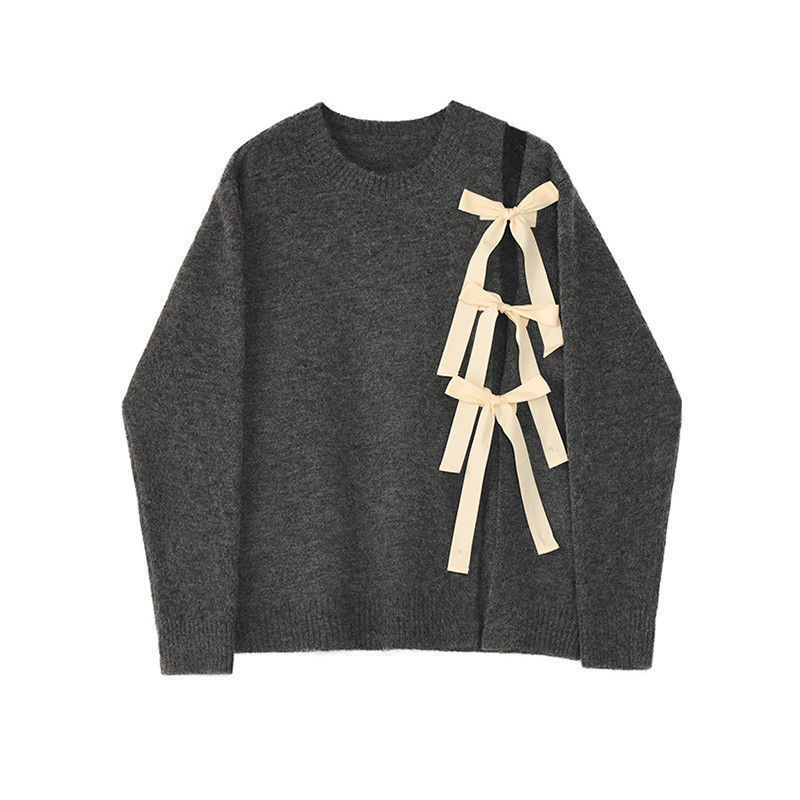 Bow Bandage Sweater Women Fall Casual O-Neck Winter Clothes Knitted Stretch Japanese Fashion Korean Tops Jumper 210519