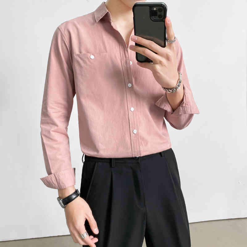 Spring New Loose Men Casual Shirts Long Sleeve Solid All Match Front Pocket Decor 100% Cotton Blouse Homme Streetwear 3XL-M 210410