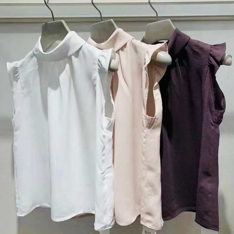 Flying Sleeve Stand Collar Pullover Women Tops Elegant Japan Style Women Blouse Simple Office Ladies Sweet Moda Blusas Mujer 210525
