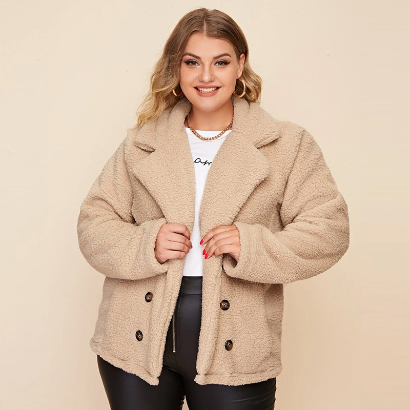 Double Breasted Lambswool Plus Size Jacket Women Casual Solid Color Oversize Coat Fashion Winter Jacket For Women New 210413