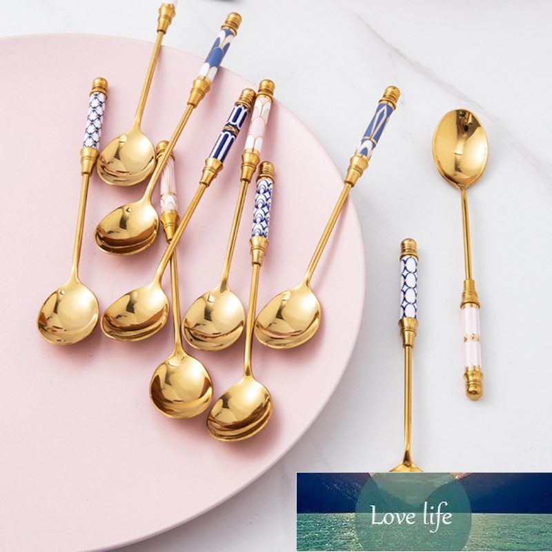 Elegant Stainless Steel Coffee Spoons Ceramic Long Handle Spoon Stirring Spoons Gold-plated Dessert Food-grade New