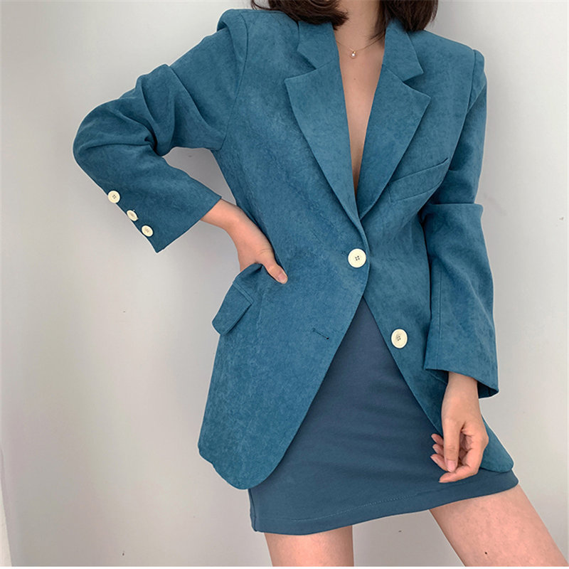 Loose Plus Size S-XL Femme Solid All Match Vintage Jackets Blue Retro Fashion Streetwear OL Oversize Blazers 210421