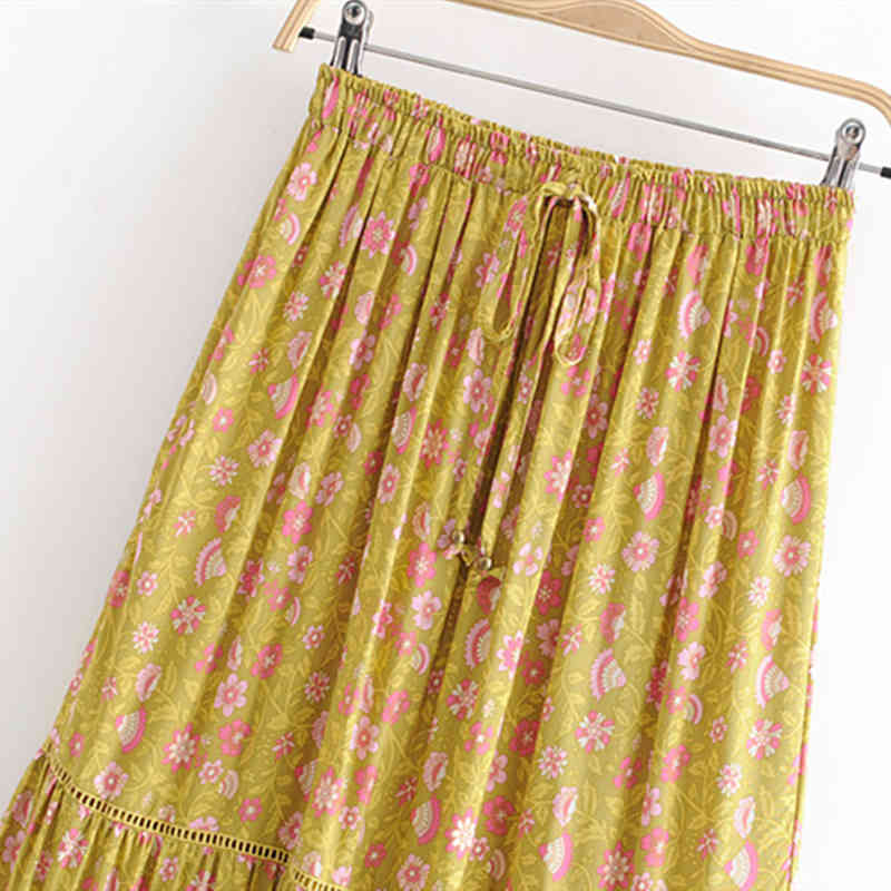 beauty Boho Vintage Floral Printed Long Skirt Women Holiday Female Loose Hollow Out Skirts Lady's Fashion Beachwear 210514