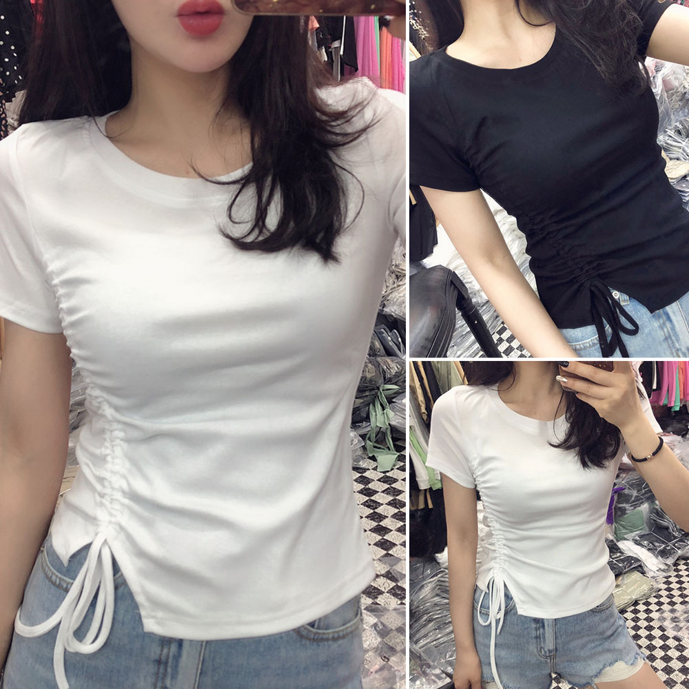 Solid Casual Women T-shirt Drawstring Tops Clothing Short Sleeve Skinny Ruched Irregular Crop Top Summer Streetwear White Black
Solid Casual Women T-shirt Drawstring Tops Clothing Short Sleeve Skinny Ruched Irregular Crop Top Summer Streetwear White Black