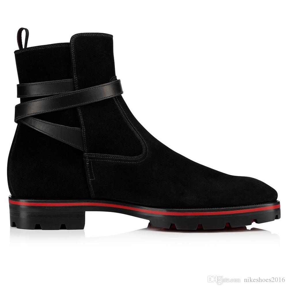 Fashion Luxurious Mens Shoes Red Bottom Boots For Men Shoes Ankle Boots Kicko Style Black Suede Calfskin Elegant Men's Low Heels Booties