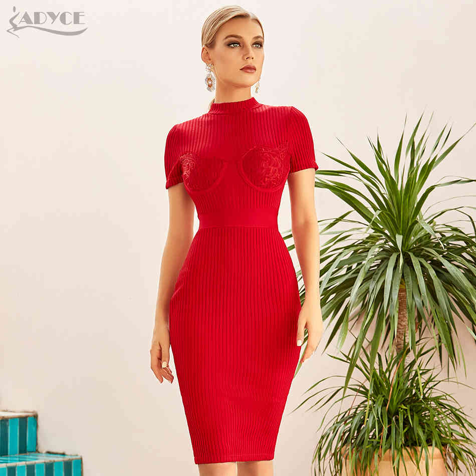 Summer Women Short Sleeve Bodycon Bandage Dress Sexy Red Lace Knee Length Club Celebrity Evening Runway Party Dresses 210423