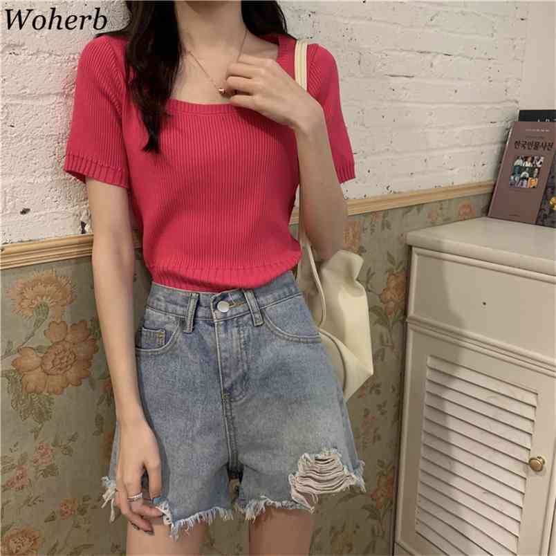 Casual Women Tops Knitted Square Collar Thin Sweater Summer Short Sleeve Girl Solid Candy Color Knitwear T Shirts 210519