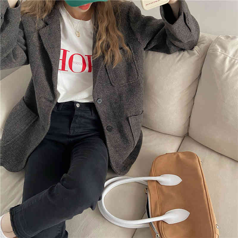 Grey Woolen Outwear Retro Blazers All Match Women Gentle Streetwear Jackets Female Chic Korean Vintage Coats 210421