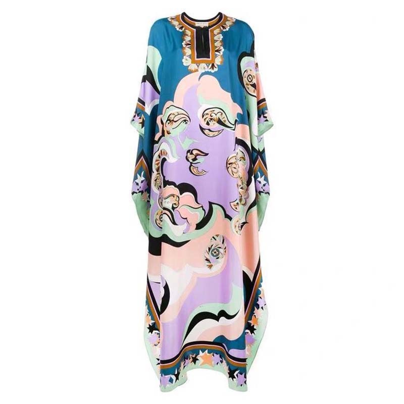 VKBN s Fashion Women Long Dress Three Quarter V-Neck Geometric Pattern Printing Maxi Dresses for Women 210507