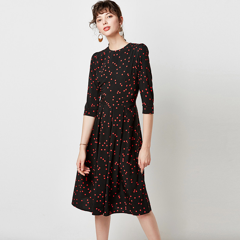 Women Vintage Dot Print Dresses Elegant Three Quarter Sleeve Office Casual O Neck Midi Tunic Pleated 210508